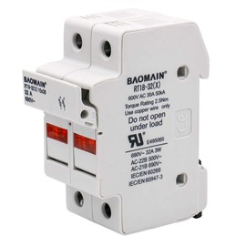 BAOMAIN 2 Pole DIN Rail Fuse Holder, 32A 690V AC RT18-32(X) Support, 10x38mm Cylindrical Fuse Mount with LED Indicator, 18-8 AWG, UL Recognized, Compact Circuit Protection for Solar/Industrial, Gray