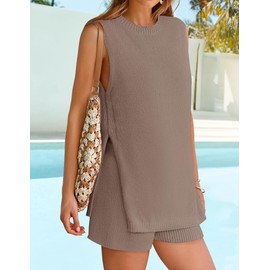 ZESICA Women's Summer 2 Piece Matching Long Sweater Shorts Sets 2025 Travel Resort Wear Sleeveless Knit Outfits Camel L