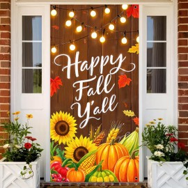 BlissYard Happy Fall Y’all Door Cover Thanksgiving Backdrop Pumpkin Sunflower Corn 71x35 Inch Autumn Banner for Porch Wall Decorations Rustic Fall Party Photo Booth Props