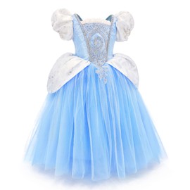 MDYCW Cinderella Princess Dress Puff Sleeve Costume, Special Occasion Dresses for Toddler Girls Age 4-5 Years, Ultra Soft Lace Fancy Gown Birthday Party Dress Up