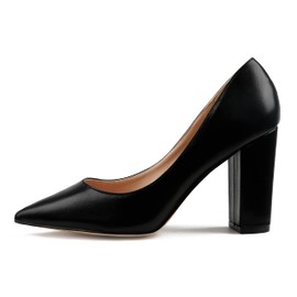 JOY IN LOVE Chunky Heels for Women High Block Heel Pointy Toe Dress Work Pumps Black Matte 7US