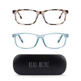 Rae Dunn "LOU Blue Light Blocking Reading Glasses - 2 Pack w/READ MORE Signature Font Hard Case (Milky Tortoise/Crystal Dusty Blue, 1.5)