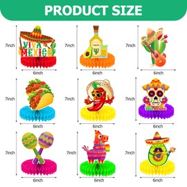 9Pcs Mexican Fiesta Honeycomb Centerpiece Decorations 8" for Cinco De Mayo, Taco Tuesday Party, Day of the Dead, Birthdays & Carnivals, Vibrant Table Decor, Photo Props, Taco Bar & Luau Theme Supplies