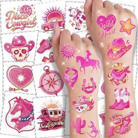 108 tatuajes temporales de vaquera rosa con purpurina para niñas