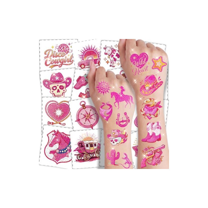 108 tatuajes temporales de vaquera rosa con purpurina para niñas