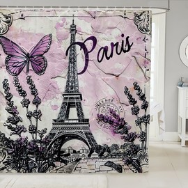 Purple Paris Eiffel Tower Shower Curtain,Butterfly Lavender Bathroom Curtain Kids Boys Girls Bathroom Decor,Floral Luxury Bath Curtain,Romantic French Style Waterproof Curtain,12 Hooks,72"Wx72"L