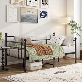 BOFENG Metal Daybed Frame Twin Size Platform Sofa Bed Day Bed with Strong Steel Slats Mattress Foundation Bedroom Furniture,Noise Free,Black