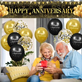 RUMIA Black Gold Happy Anniversary Yard Banner & 18pcs Latex Balloons for Wedding Anniversary Party Decorations