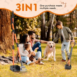 WLQiu 28" Pooper Scooper and 38" Heavy Duty Stainless Steel Rake & Tray Set, 3 in 1 Portable Dog Pooper Scooper Set for Large Medium Small Dogs in Grass, Dirt or Gravel