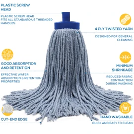 Kleen Handler Wet Mop Replacement Head – Heavy Duty Cotton Blend, Screw-On Mop Refills with Plastic Socket, Fits Standard Threaded Handles, Commercial Cut-End Mop for Home or Business, Pack of 6