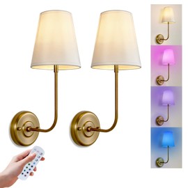 TERLEENART Rechargeable Battery Operated Wall Sconce Set of 2,Dimmable 12 RGB Colors Remote Control Wall Lights with Fabric Shade and Gold Finish