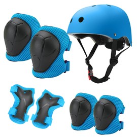 KATLKIU Children's Protective Helmet Set with Adjustable Helmet, Knee Pads, Elbow Pads and Wrist Rest for Skating, Biking, Skating, Scooter and Other Outdoor Sports (Blue)