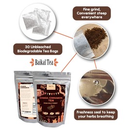 Baikal Tea - Chaga Cinnamon Holiday Blend - 100% Wild Siberian Birch - Organic - 30 Unbleached Tea Bags - Pure No Additives - Natural Christmas Gift