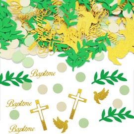lafo Pack of 300 Christening Decoration Confetti with Gold Cross, Dove & Bapteme Lettering, Confetti for Table Decoration, Christening Communion, Glitter Decoration in Gold, Light Green, Light Yellow