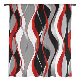 Ldtrchee Geometric Red Sheer Curtains 63 Inches Length, Black Grey Moire Volie Sheer Curtain Panel for Living Room, Abstract Art Rod Pocket Modern Kitchen Curtains Window Treatment Drapes for Bedrooom