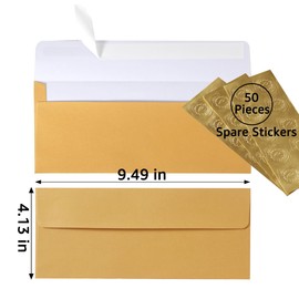 Wishop 50 Pack Shiny #10 Business Envelopes Self Seal Standard Envelopes with Gold Stickers for Office Checks, Business Cards, Letter Mailing Invoices, 4.13 x 9.49 Inches (Gold)