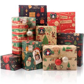 Christmas Wrapping Paper Set, 8 Sheets Recycled Kraft Gift Wrapping Paper Sheets, Santa Snowman Elk Merry Christmas Design, Wrapping Paper with Tags Stickers for Gift Wrapping, Holiday Decor, DIY, 70X50CM