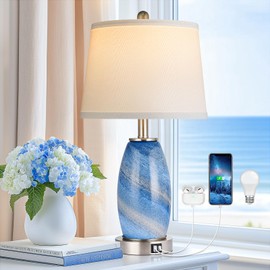 Blue Lamp for Bedroom & Bedside with 3-Way Lighting Modes & USB C+A - Modern Style Glass Nightstand Table Lamp for Living Room & Bedroom Decoration (23.5" H)