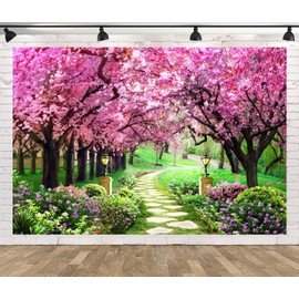 CORFOTO 7x5ft Spring Garden Backdrop Cherry Blossom Tree Photography Background Contryard Backdrop Spring Scenery Green Grass Floral Background Wedding Birthday Party Photo Booth