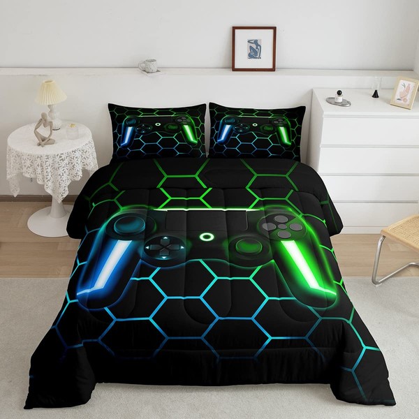 Gamer Comforter Sets for Boys Gaming Bedding Sets All Season,Glitter Goemetric Honeycomb Hexagon Down Comforter Full Bedroom Decor,Neon Light Game Console Quilted Duvet + 2 Pillowcases,Blue Green