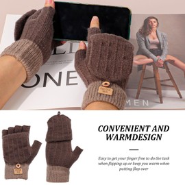 Risipu Winter Fingerless Gloves for Women Ladies Convertible Gloves Fingerless Knitted Mittens Half Finger Gloves with Flip Cover for Ski Driving (Coffee)