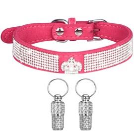 Suiecuor Dog Collar Small Dogs Dog Collar Rhinestone Shiny Diamonds Soft Suede Adjustable Puppy Collar for Small Medium Dogs Dark Pink XS