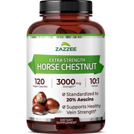 Zazzee Extra Strength Horse Chestnut 10:1 Extract, 20% Aescins, 120 Vegan Capsules, 4 Month Supply, Aesculus Hippocastanum, Healthy Circulation & Blood Flow Support, Non-GMO, Made in the USA
