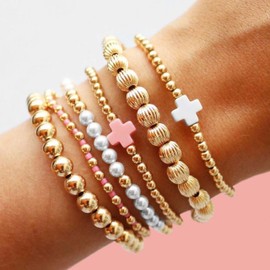 Gold Bracelet for Women Stackable Pearl Bracelets Gold Plated Stretch Bracelet Cross Beaded Bracelets Layered Gold Bracelets Jewelry Gifts for Women