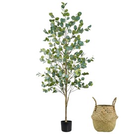 Caxchiling Faux Eucalyptus Tree 6FT, Artificial Potted Tree for Indoor Outdoor, Fake Floor Plants with Natural Wood Trunk, Home Office Living Room Bedroom Decor