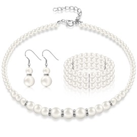 Hicarer 3 Pack Pearl Jewelry Set 1920s Pearl Necklace Bracelet Earrings Simulated Faux Pearl Jewelry Set for Wedding Costume Jewelry for Women