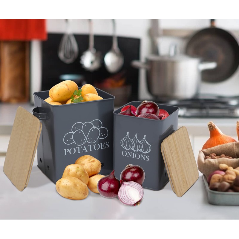 Kitchen Vegetable Storage Tins Set of 2 for Potatoes, Onion,
