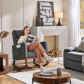 Yaheetech Living Room Rocking Chair, Polyester Upholstered Glider Chair, Modern Nursery Chair with Side Pockets and High Back for Living Room Nursery Bedroom, Grey