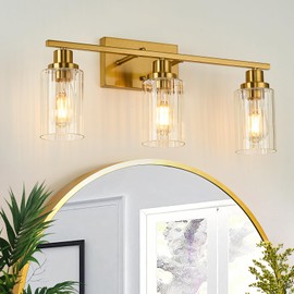 Jonsi 3 Light Brushed Gold Bathroom Vanity Lights with Fluted Glass Shade, Modern Gold Bathroom Lights Over Mirror
