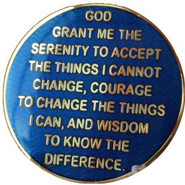 25 Year AA Medallion Reflex Blue Color Glossy Gold Plated Sobriety Chip Serenity Prayer Back
