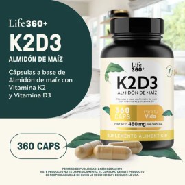 Vitamina D3 K2 360 Cápsulas Vitamina D3 y Vitamina K2 | LIFE360+