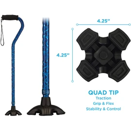 Nova Joy Designer Offset Quad Cane for Seniors - Unisex Adjustable Lightweight Walking Aid with Foam Handle, Wrist Strap and Anti-Rattle Lock - Essential Mobility Support - Blue Rain