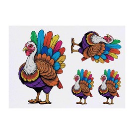 4 x 'Colourful Turkey With Feathers on Display' Temporary Tattoos - Water Resistant, Skin-Safe, Non-Toxic Transfers, Mixed Sizes (TO00069852)