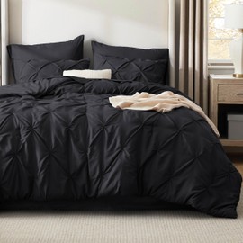 Bedsure Queen Comforter Set Black - Bed in a Bag Queen Size 7 Pieces, GentleSoft™ Pintuck Bed Set Gift for Family, Pinch Pleat Black Comforter with Sheets, Pillowcases & Shams
