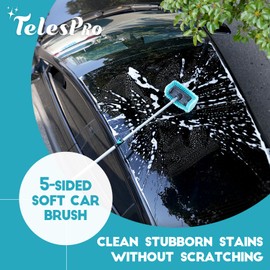 TelesPro Car Wash Brush with 3 Replaceable Brush Heads - Soft Car Brush, Chenille Car Wipe, Window Squeegee, Chenille Glove & 2 Microfiber Towel - Extension Pole Not Included.