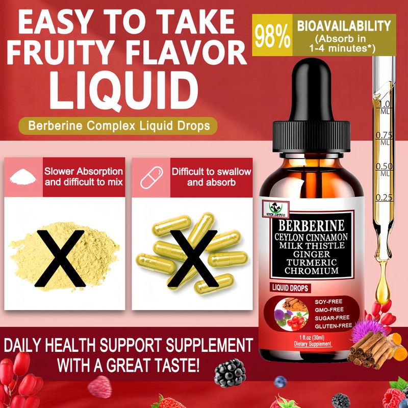 Berberine Drops, High Absorption 6-in-1 Liquid Berberine Supplement with Ceylon