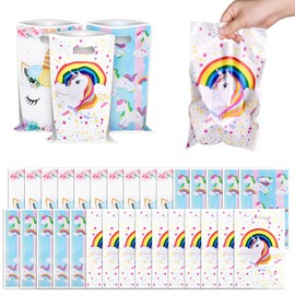 Flintronic 30PCS Kids Birthday Party Bags, Unicorn Plastic Small Gift Bags, Girls Boys Kids Birthday Colorful Gift Bags Goodies Bags, Perfect for Kids Birthday Party