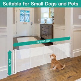 20 Inch Tall x 80 Inch Extra Wide Retractable Dog Gate for Large Openings, Easily Step Over Pet Gate, Short Dog Gate for Doorways Small Puppy Gate for Stairs Reinforced Mesh Gates Doggie Gates (White)