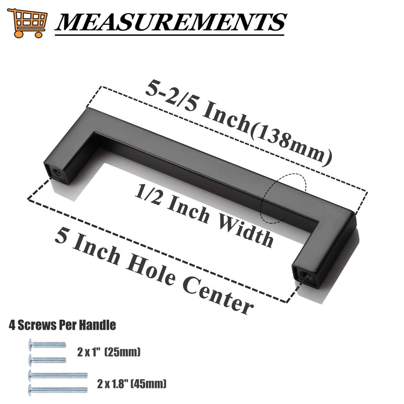 Probrico (6 Pack) Square Black Cabinet Handles 5 Inch(128mm) Hole