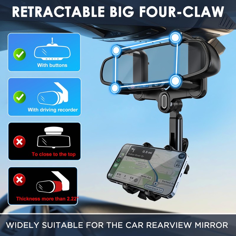 IPOW Large Rearview Mirror Phone Holder for Car 360°Rotatable and