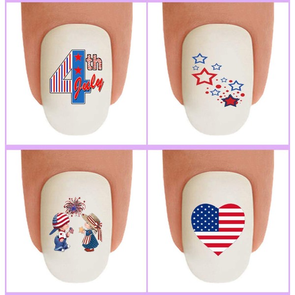 Nail Art Decals WaterSlide Nail Transfers Stickers 48pc Holiday 4th of July - Boy Girl American Flag Heart Fireworks Star - Salon Quality! DIY Nail Accessories