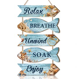 KAIRNE Bathroom Decorations,Blue Bathroom Rules Wooden Sign for Toilet,Bathroom Accessories Set,Breathe Enjoy Relax Hanging Wood Plauqe,Bathroom signs Toilet Decoration,Wall Art Bathroom Home Decor