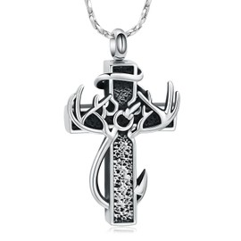 Imrsanl Cross Urn Necklace for Ashes for Women Men Fish Hook Cremation Jewelry Deer Antler Memorial Pendant Human Ashes Holder Keepsake Gifts (Silver-1)