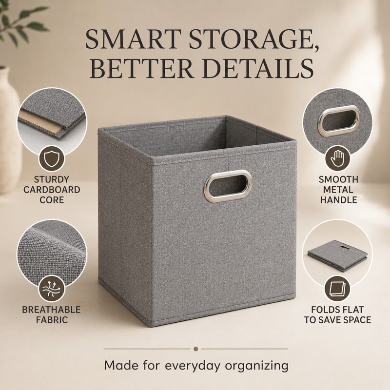 Foldable Fabric Storage Cube Bin with Metal Handles, Gray