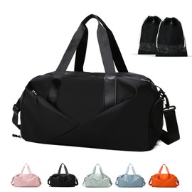 Sports Gym Bag, Portable Large Duffel Totes with 2pcs Shoes Compartments, Lightweight Overnight Weekend Bags for Sport Yoga Travel Swimming (Black)