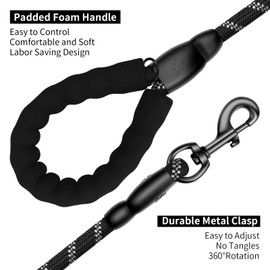 Perperqer Heavy Duty Dog Leash for Large Medium Small Breed Dogs, Reflective Rope Dog leashes with Comfortable Handle,4/5/6 FT Pet Puppy Leash for Night Walking with Poop Bag Holder,Black,1/2 inch